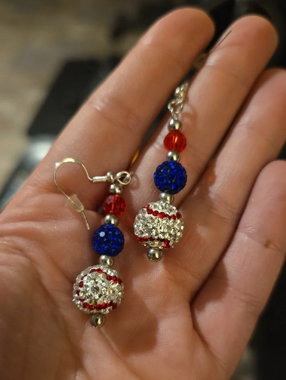 Patriotic Crystal Baseball Dangle Earrings - Red, Blue & Silver